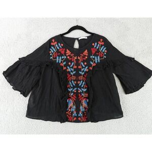 MNG By Mango Top Women's M Cropped Black Sheer Embroidered Floral Boho Hippie